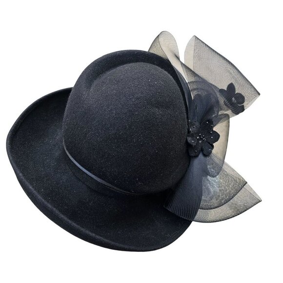 Signature Deborah Black Felt Kettle Brim Hat Sz 22.5" Crinoline Black Rhinestone - Picture 4 of 11